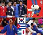 Πόντιουμ τζούντο ανδρών - 90 kg, Asley González (Κούβα), Κισιμότο Nishiyama (Ιαπωνία) - London 2012 - και Ηλίας Ηλιάδης (Ελλάδα), τραγούδι Dae-Βιετνάμ (Νότια Κορέα)